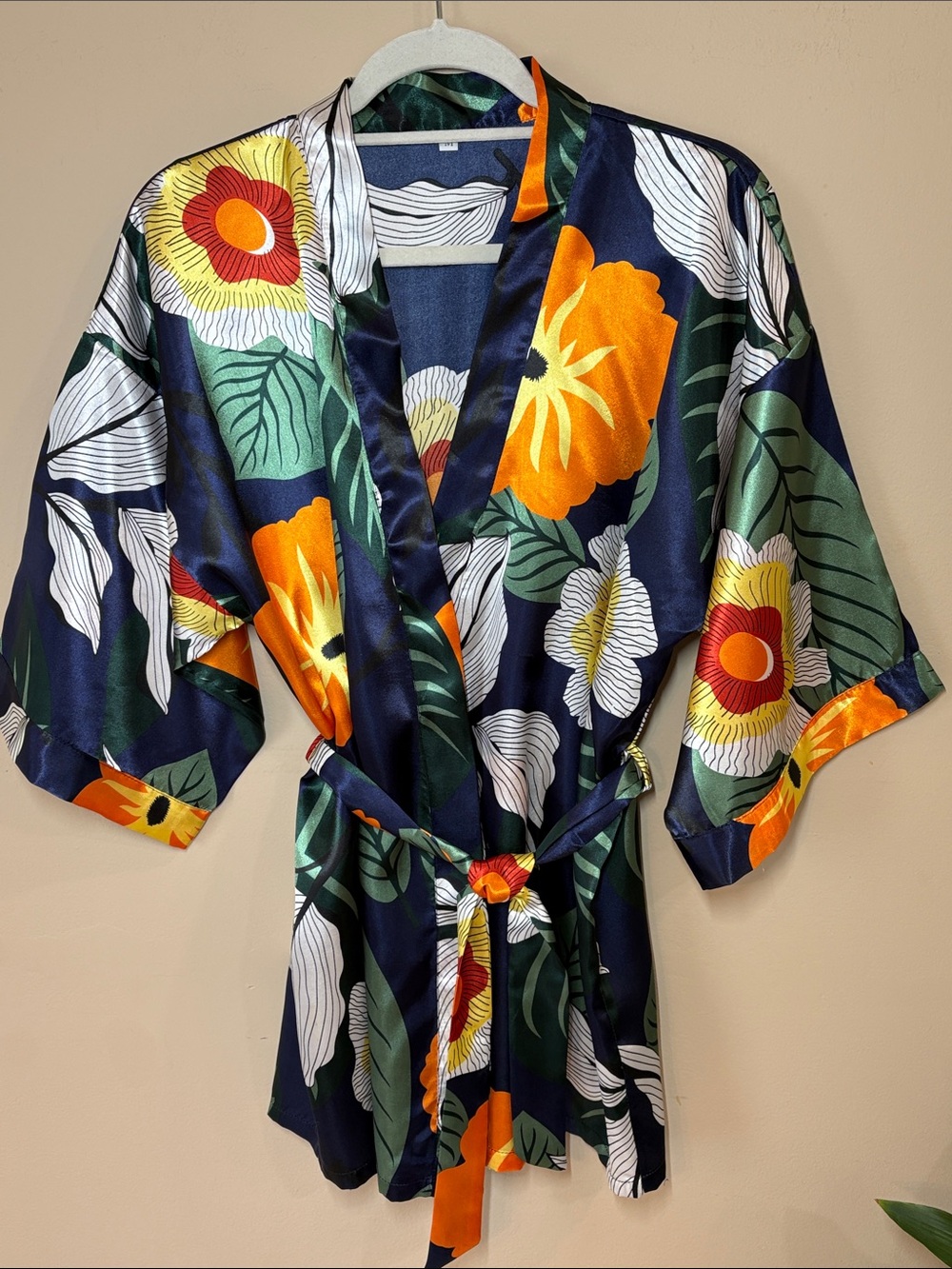 Navy Satin Floral Kimono with Orange Blooms